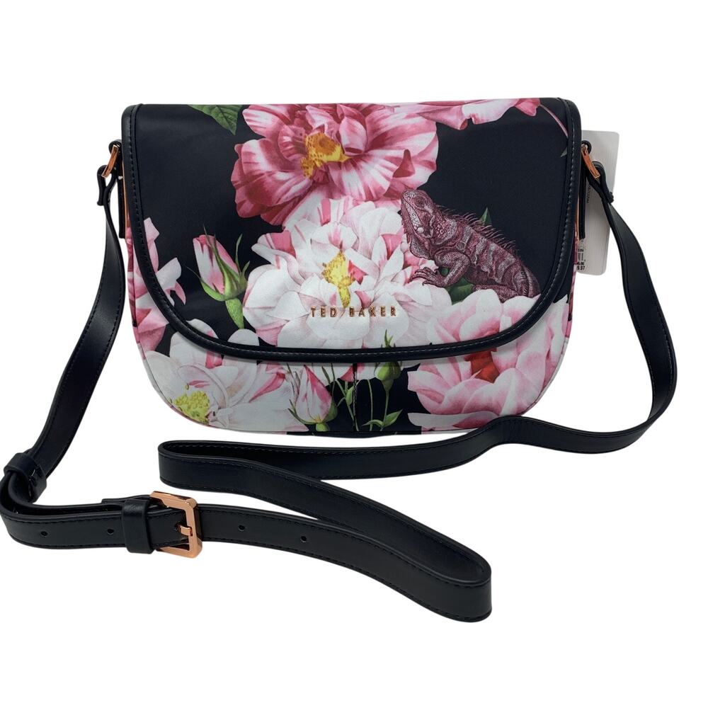 Ted Baker Iguazu Nylon Flap Satchel Handbag Black Pink Floral Iguana Print NEW